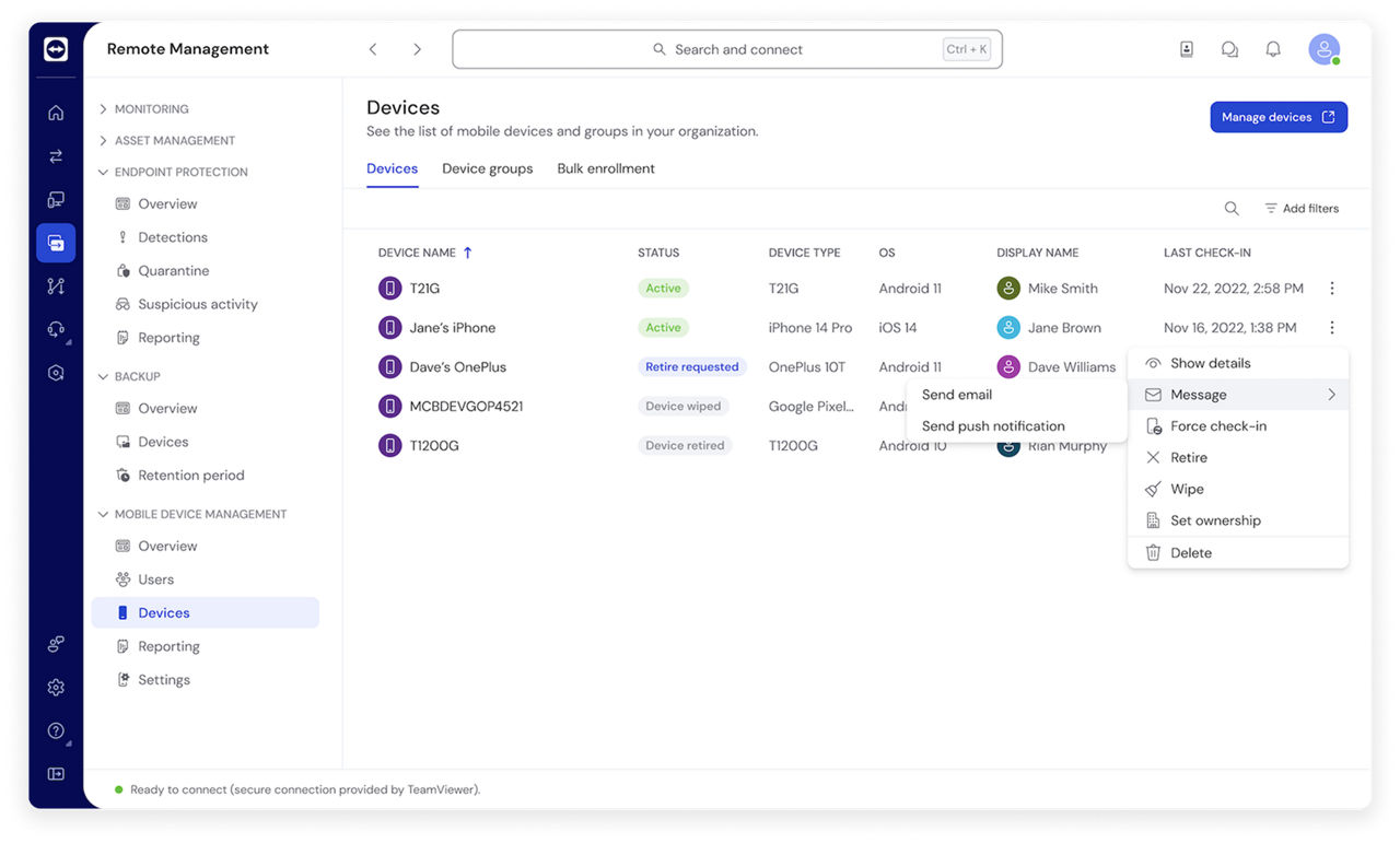 Screenshot of Mobile Device Management devices in the TeamViewer Remote Management solution