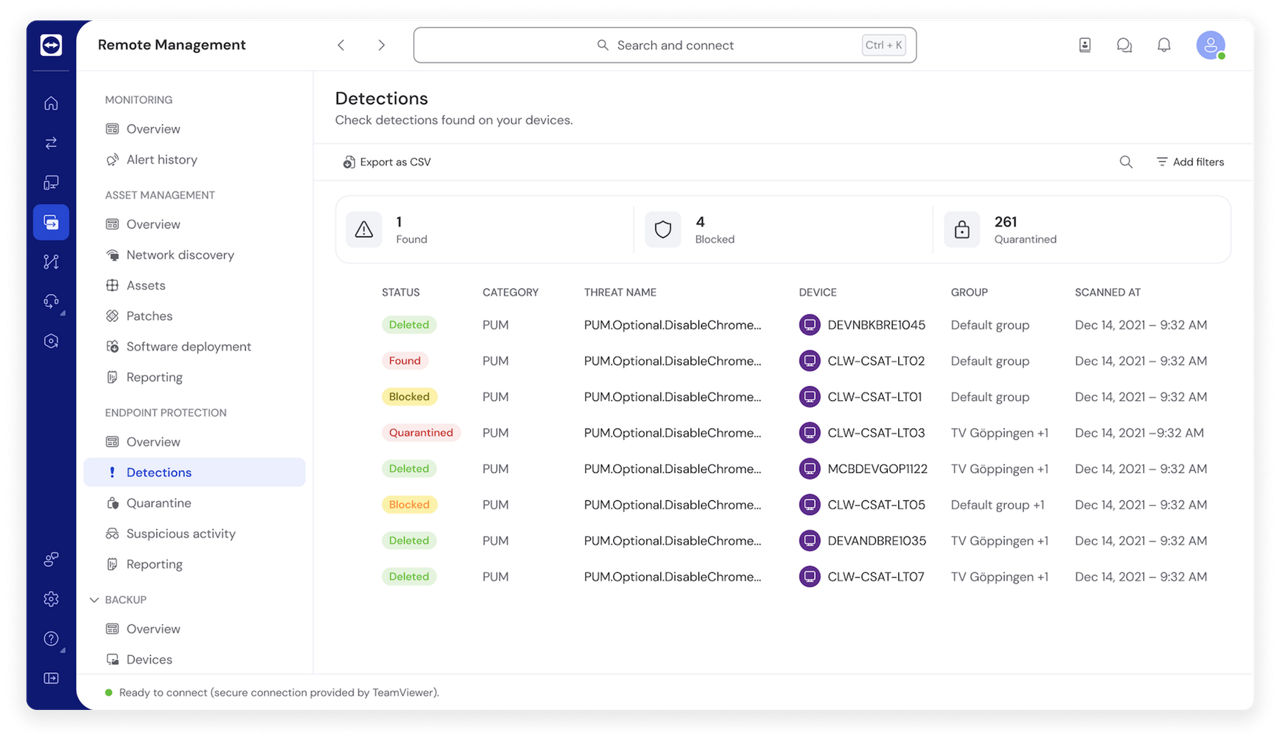 Screenshot of Endpoint Protection detections in the TeamViewer Remote Management solution